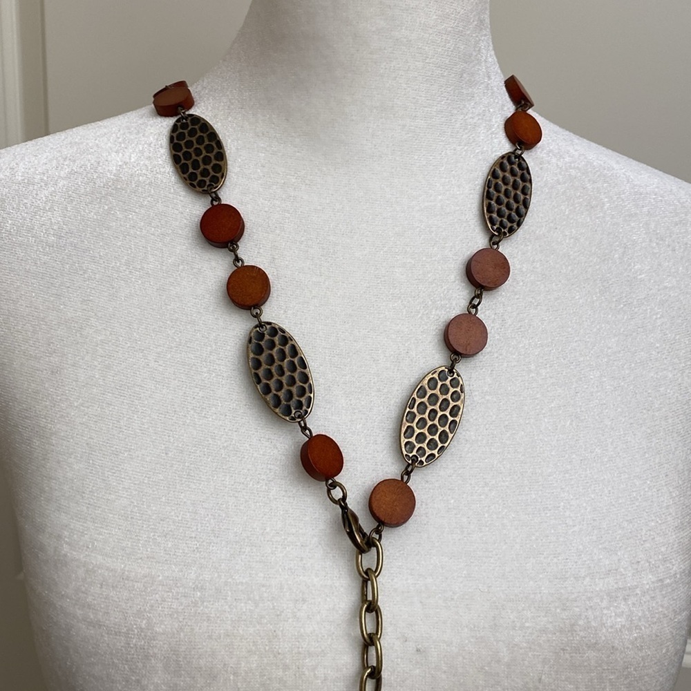 Vintage Wood brass necklace/belt chain Womens Lariat style. 47’ Boho Artsy